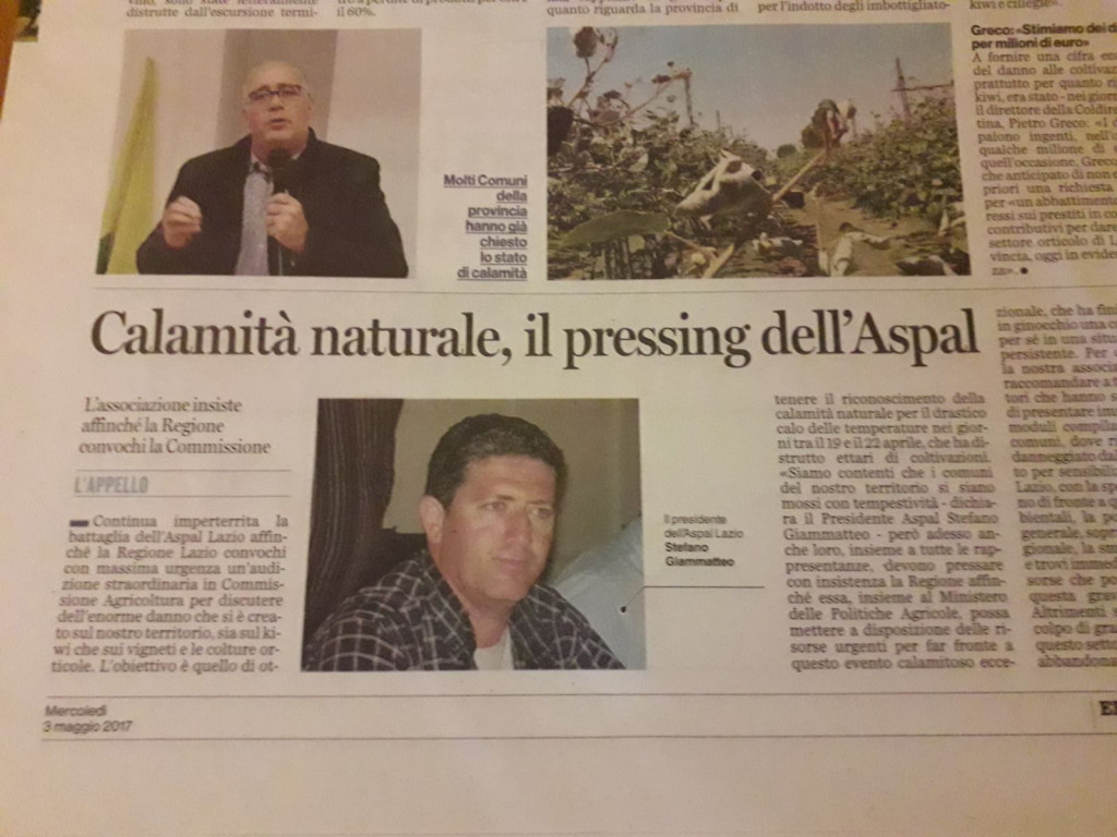 3 maggio - Calamità naturale, il pressing dell'Aspal