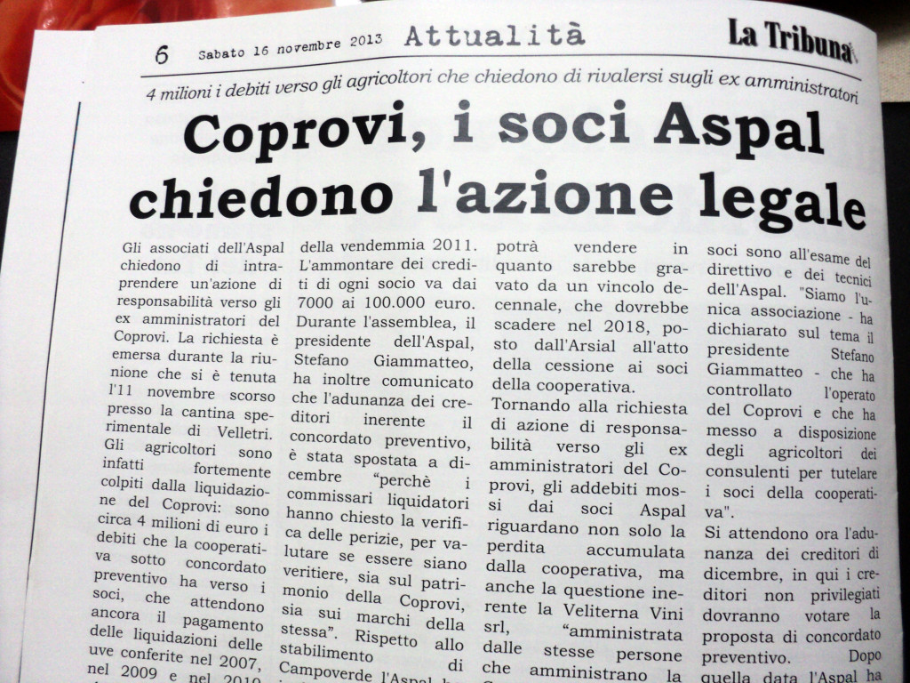 16 novembre 2013 - Co.Pro.Vi, i soci Aspal chiedono azione legale