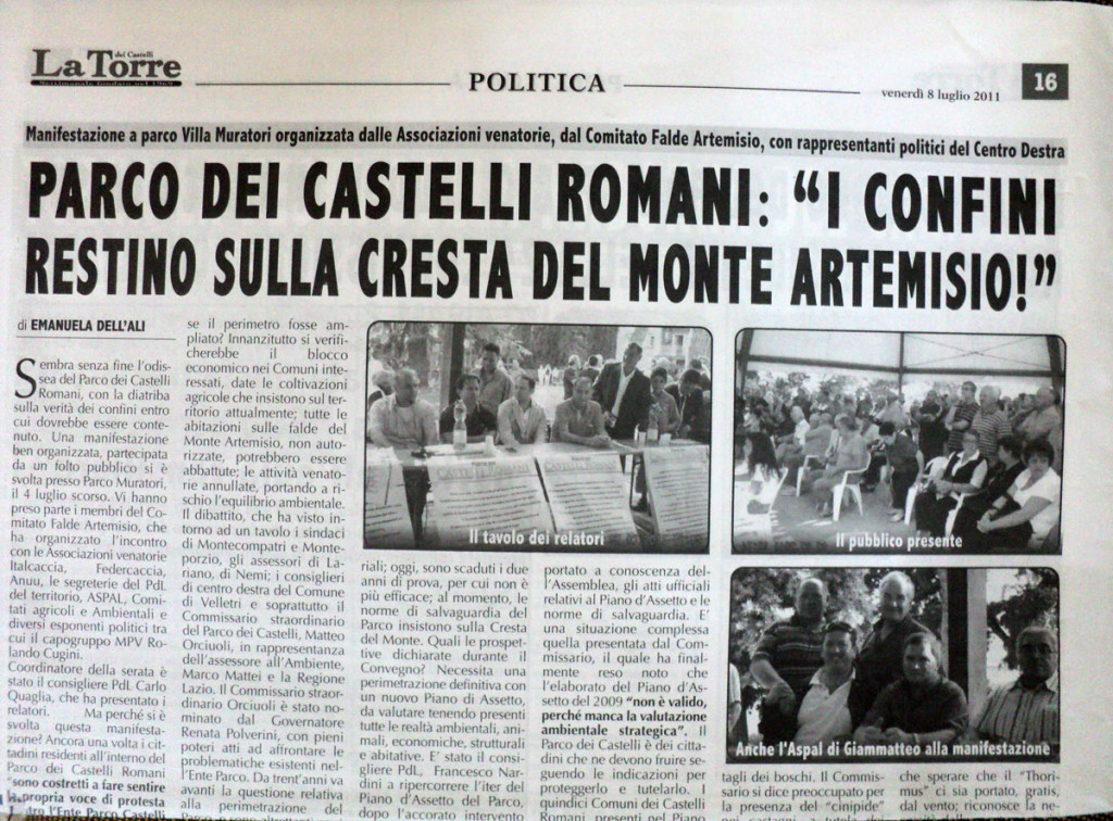 8 luglio 2011 - Parco dei Castelli Romani: "I confini restino sulla cresta del Monte Artemisio"