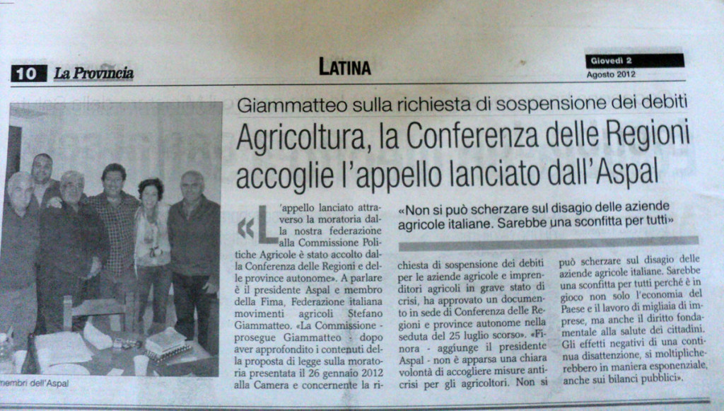 2 agosto 2012 - Agricoltura, la Conferenza delle Regioni accoglie l'appello dall'Aspal