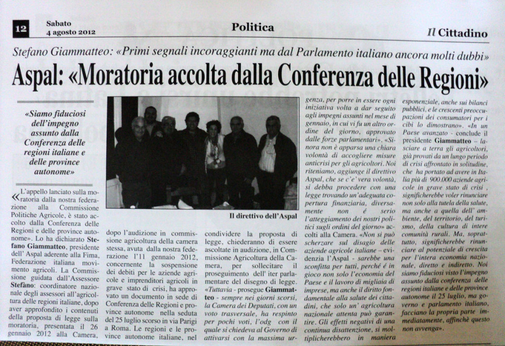 4 agosto 2012 - Aspal: "Moratoria accolta dalla Conferenza delle Regioni"