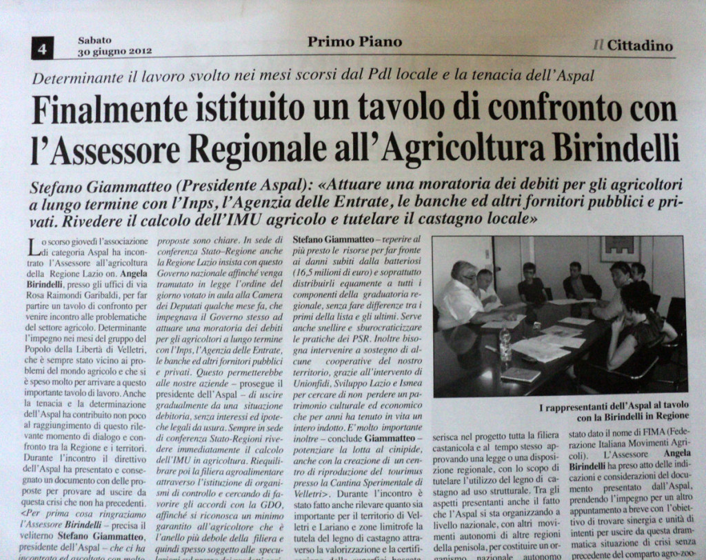 30 giugno 2012 - Tavolo di confronti con l'Assessore Regionale all'Agricoltura Birindelli